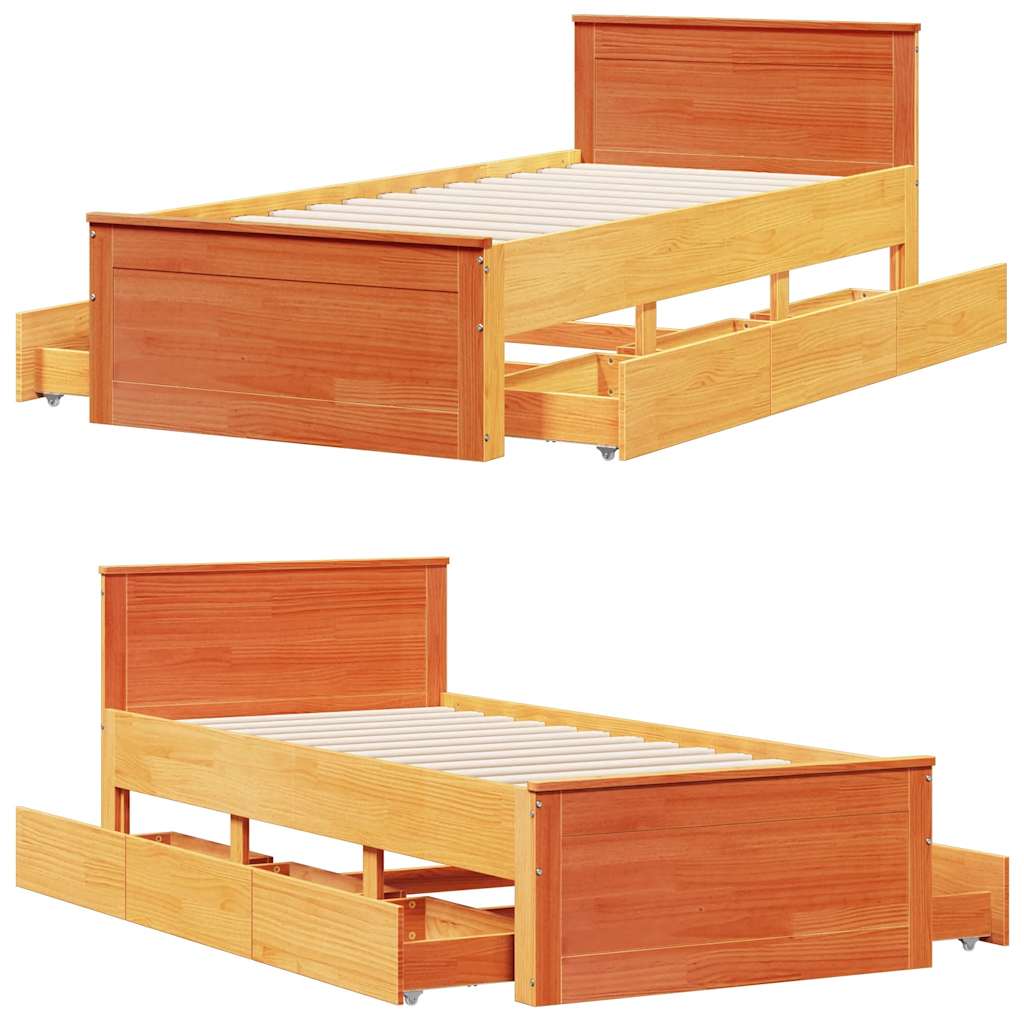 barna tömör fenyőfa fejtámlás ágykeret matrac nélkül 75x190 cm
