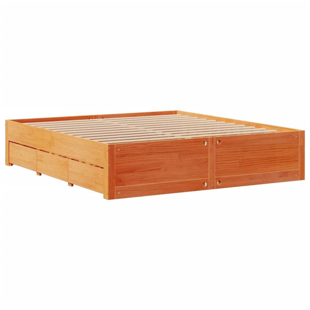 barna tömör fenyőfa fiókos ágykeret matrac nélkül 180 x 200 cm
