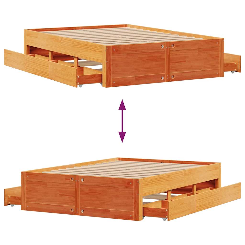 barna tömör fenyőfa fiókos ágykeret matrac nélkül 150 x 200 cm