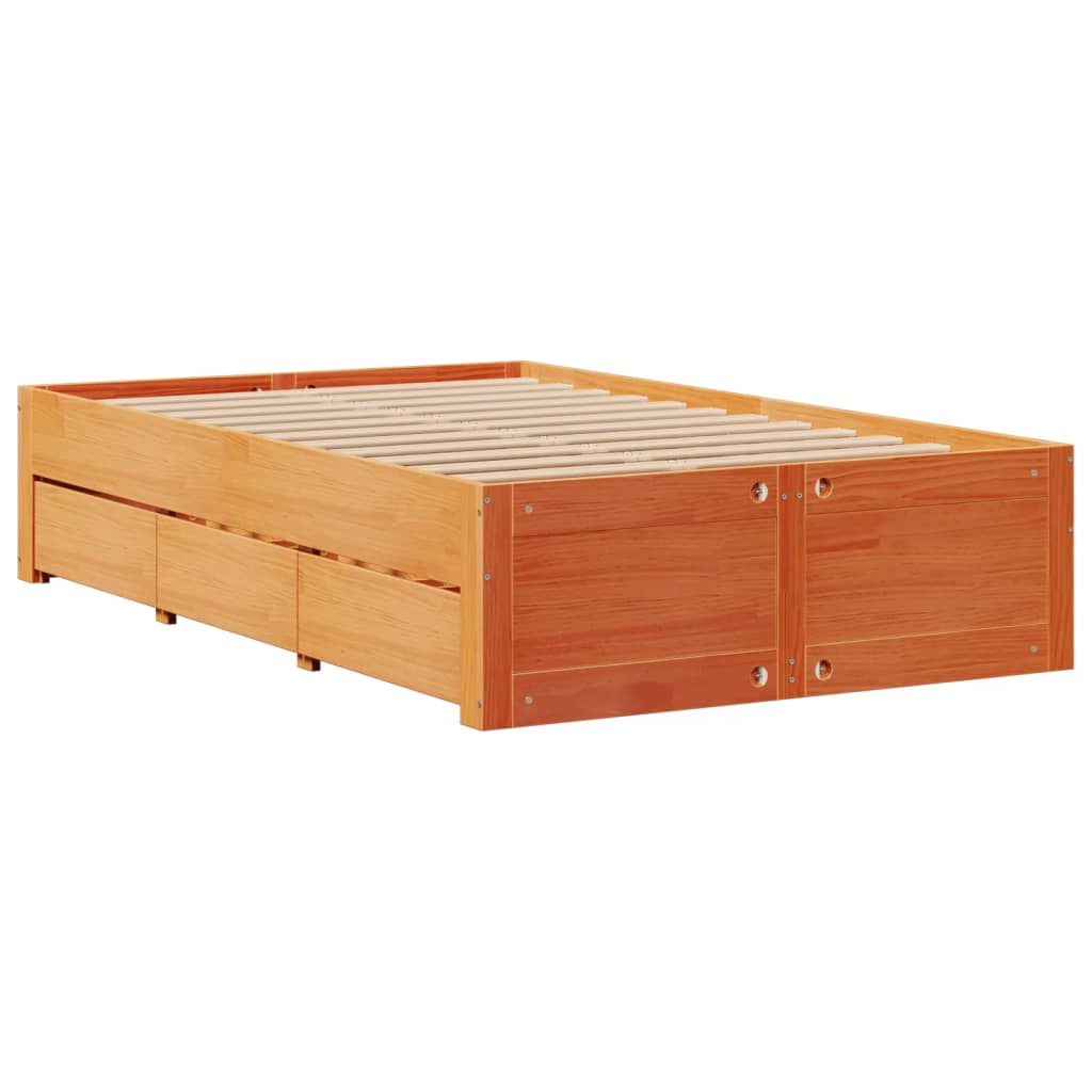 barna tömör fenyőfa fiókos ágykeret matrac nélkül 120 x 200 cm