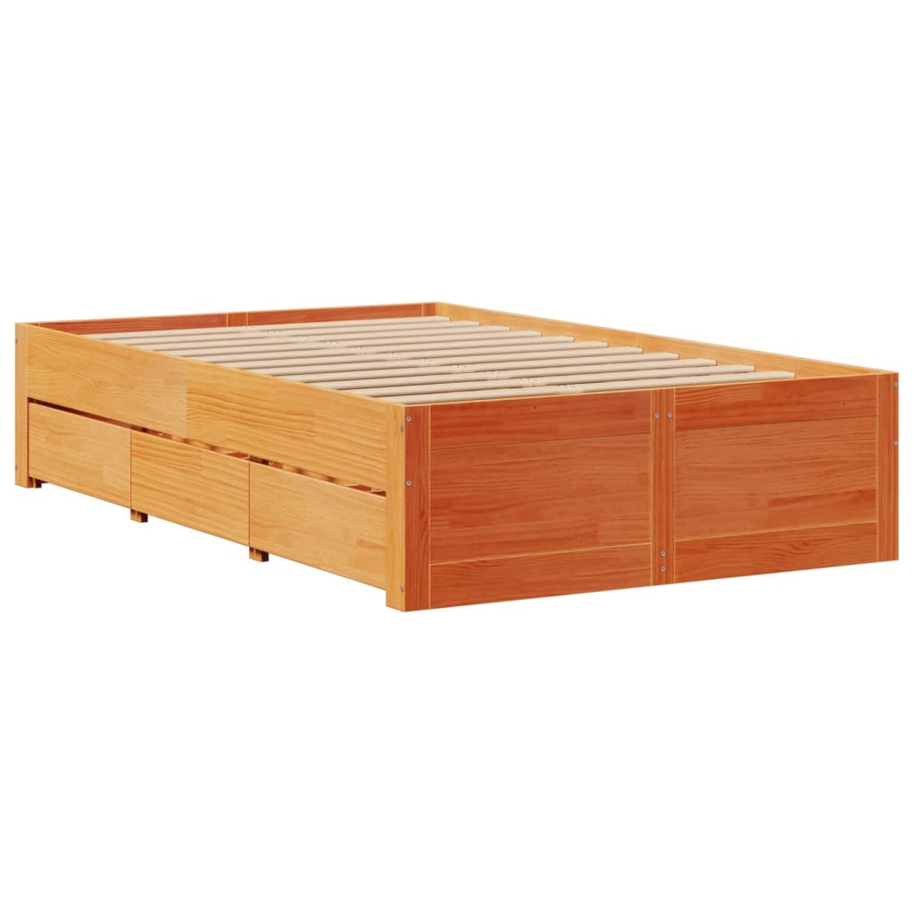 barna tömör fenyőfa fiókos ágykeret matrac nélkül 120 x 200 cm
