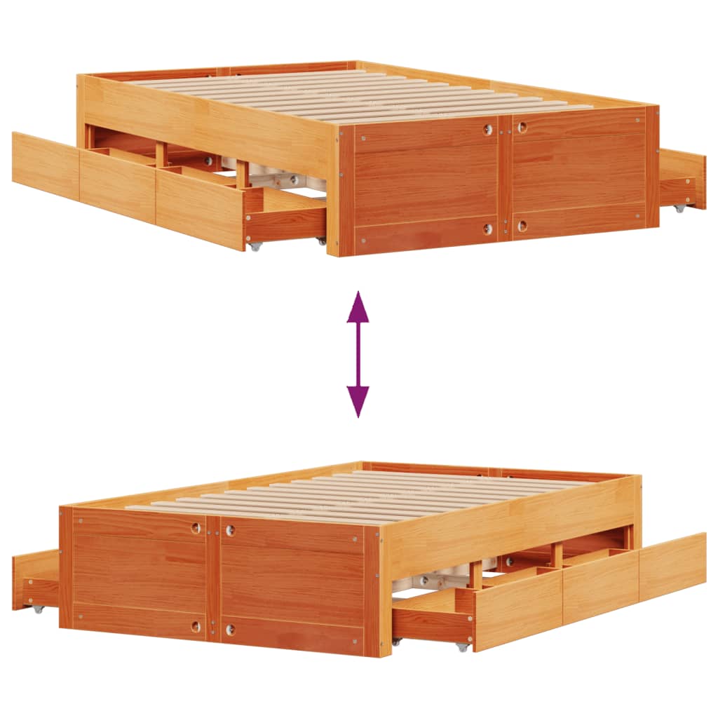 barna tömör fenyőfa fiókos ágykeret matrac nélkül 120 x 200 cm