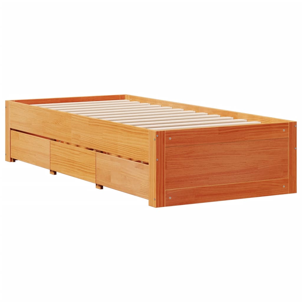 viaszbarna tömör fenyőfa fiókos ágykeret matrac nélkül 90x190cm