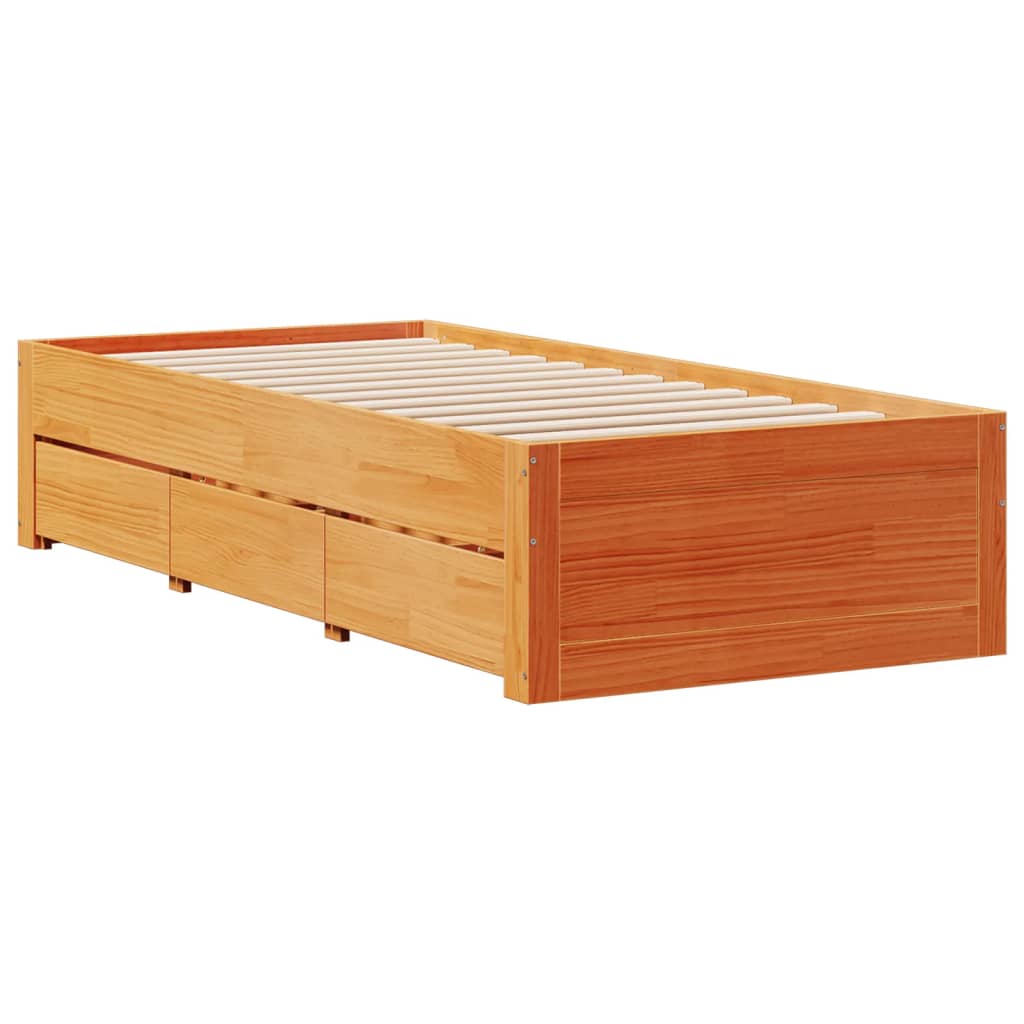 viaszbarna tömör fenyőfa fiókos ágykeret matrac nélkül 90x190cm