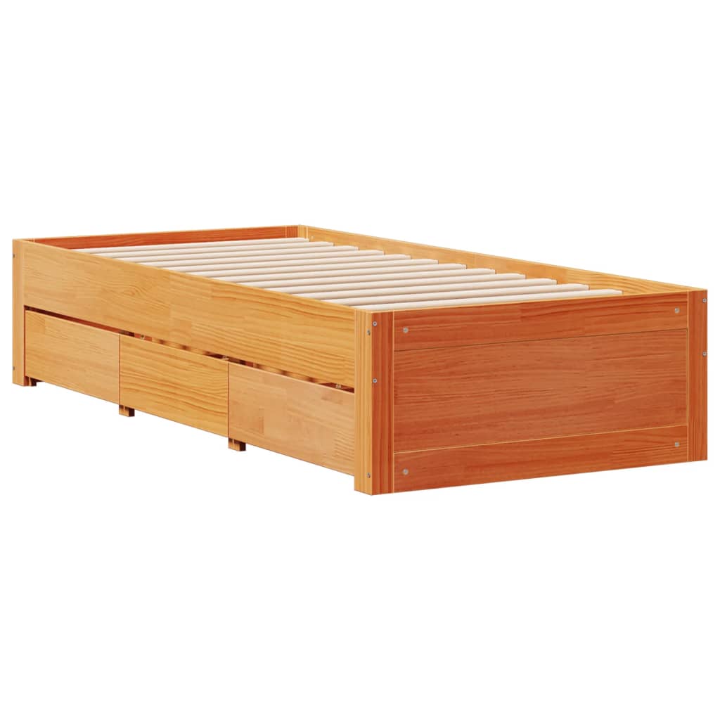 viaszbarna tömör fenyőfa fiókos ágykeret matrac nélkül 75x190cm