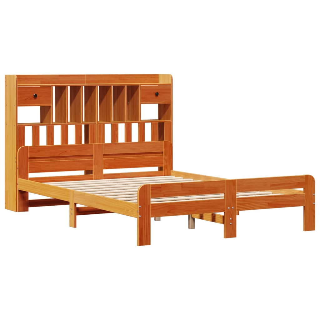 barna tömör fenyőfa könyvespolcos ágy matrac nélkül 160 x 200cm