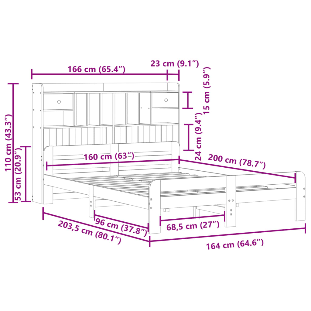 barna tömör fenyőfa könyvespolcos ágy matrac nélkül 160 x 200cm