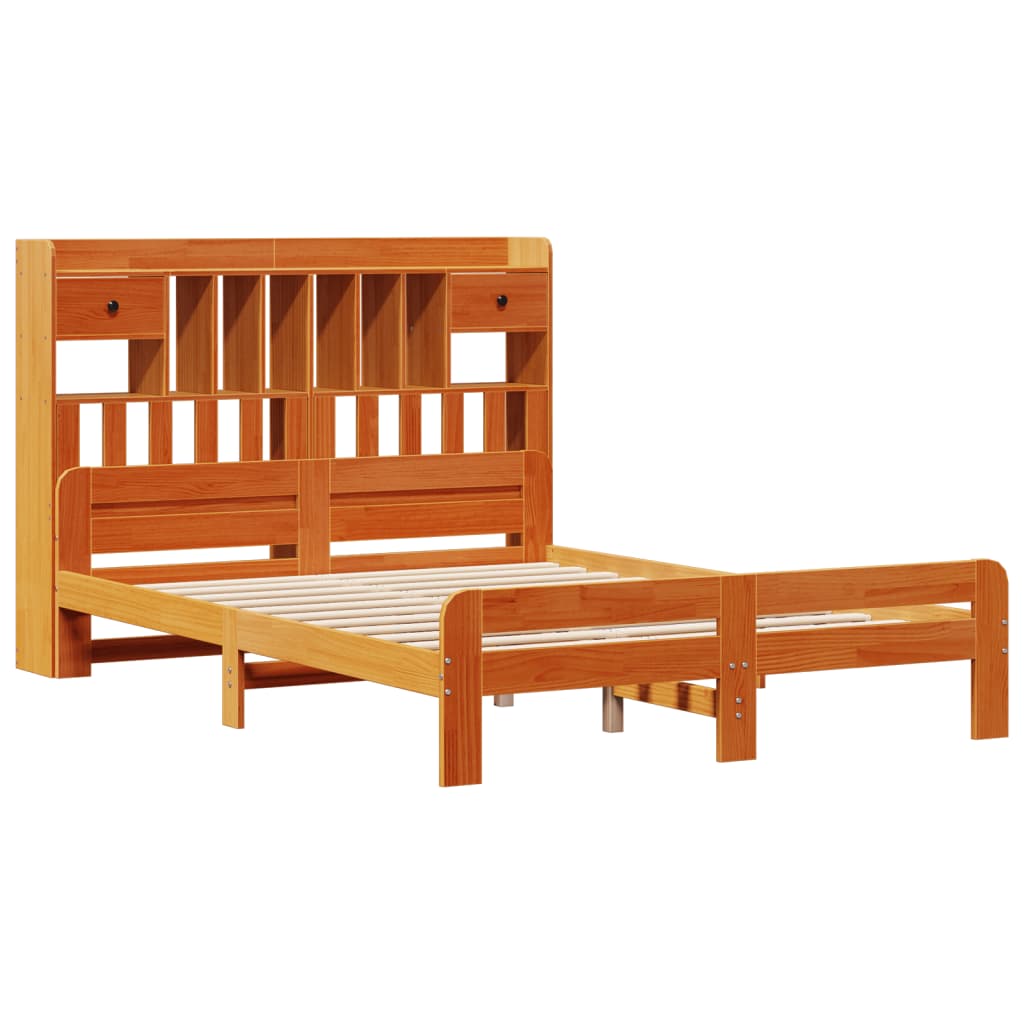 barna tömör fenyőfa könyvespolcos ágy matrac nélkül 150 x 200cm