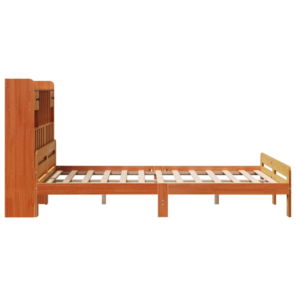 barna tömör fenyőfa könyvespolcos ágy matrac nélkül 150 x 200cm