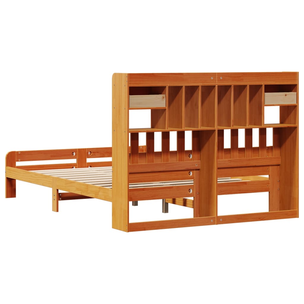 barna tömör fenyőfa könyvespolcos ágy matrac nélkül 150 x 200cm