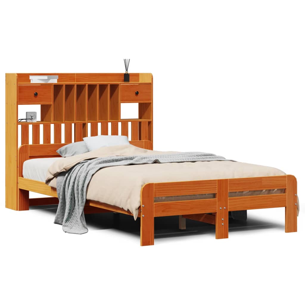 barna tömör fenyőfa könyvespolcos ágy matrac nélkül 135 x 190cm