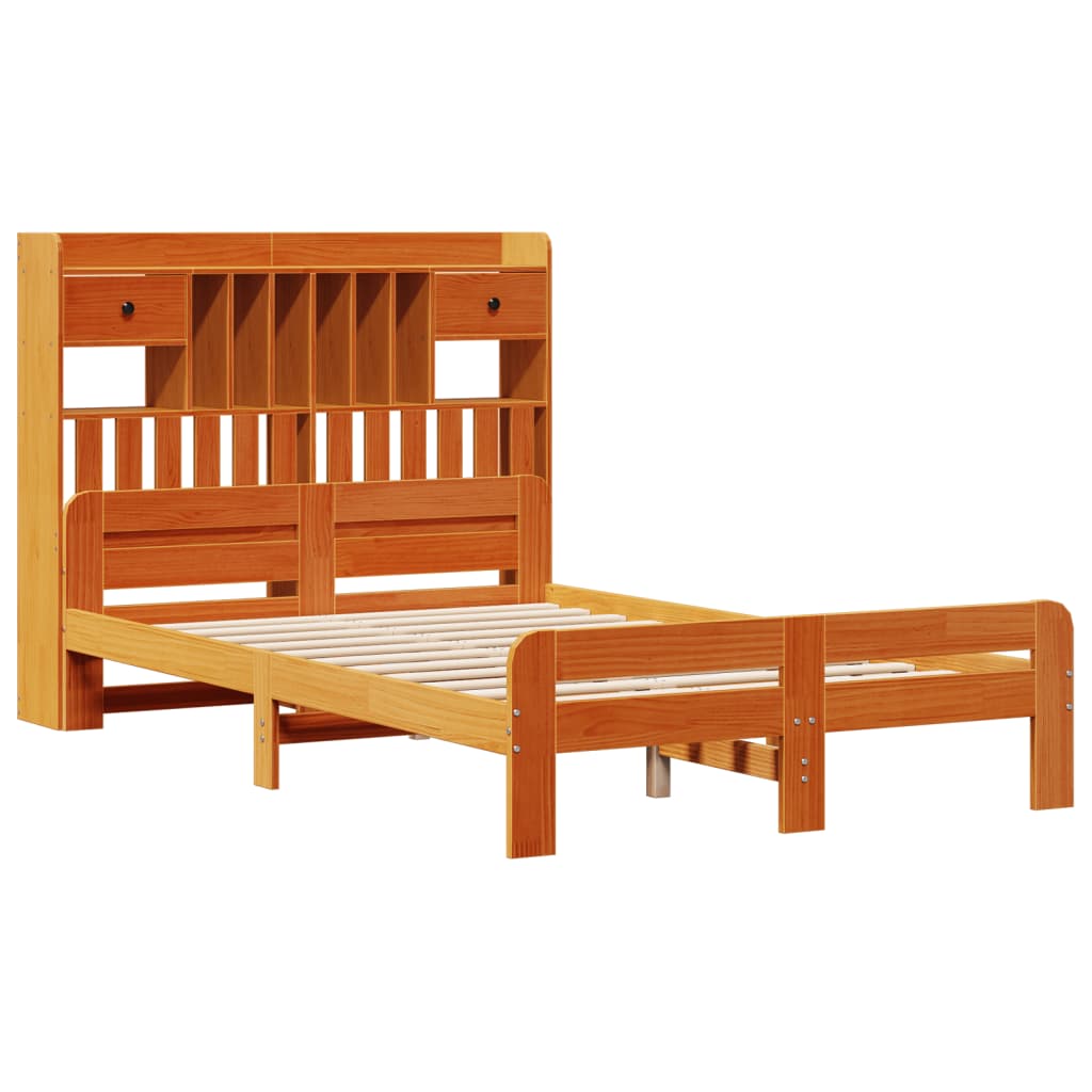barna tömör fenyőfa könyvespolcos ágy matrac nélkül 135 x 190cm