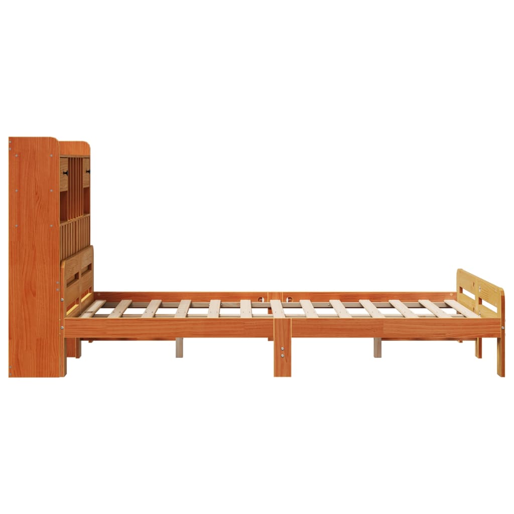 barna tömör fenyőfa könyvespolcos ágy matrac nélkül 135 x 190cm