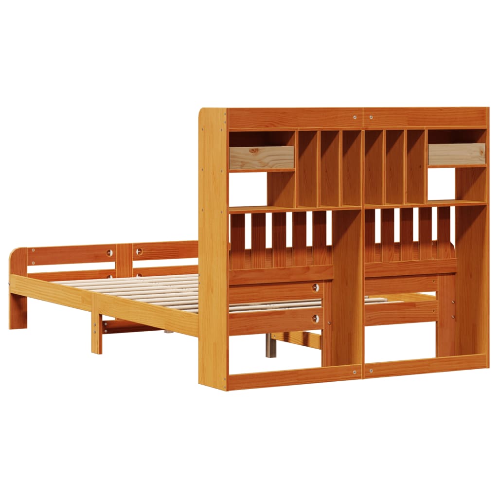 barna tömör fenyőfa könyvespolcos ágy matrac nélkül 135 x 190cm