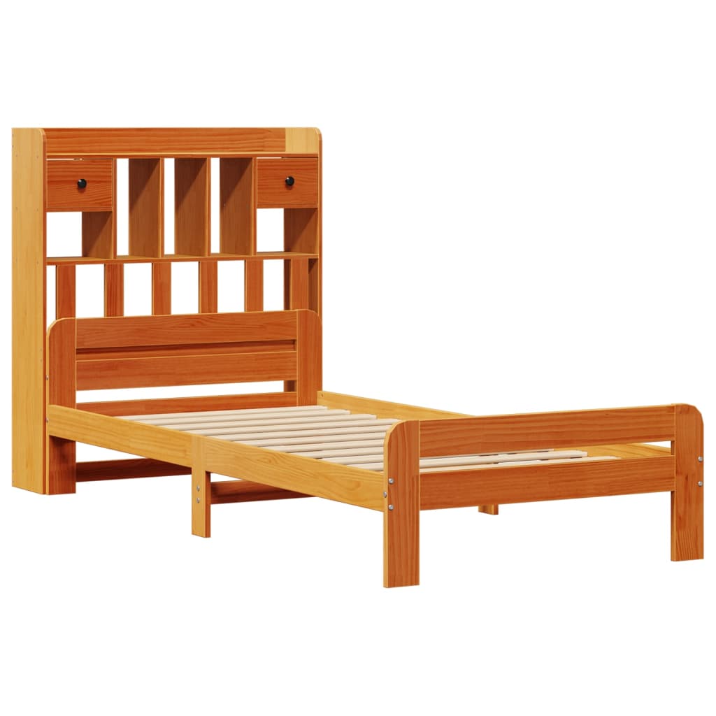 barna tömör fenyőfa könyvespolcos ágy matrac nélkül 75 x 190 cm
