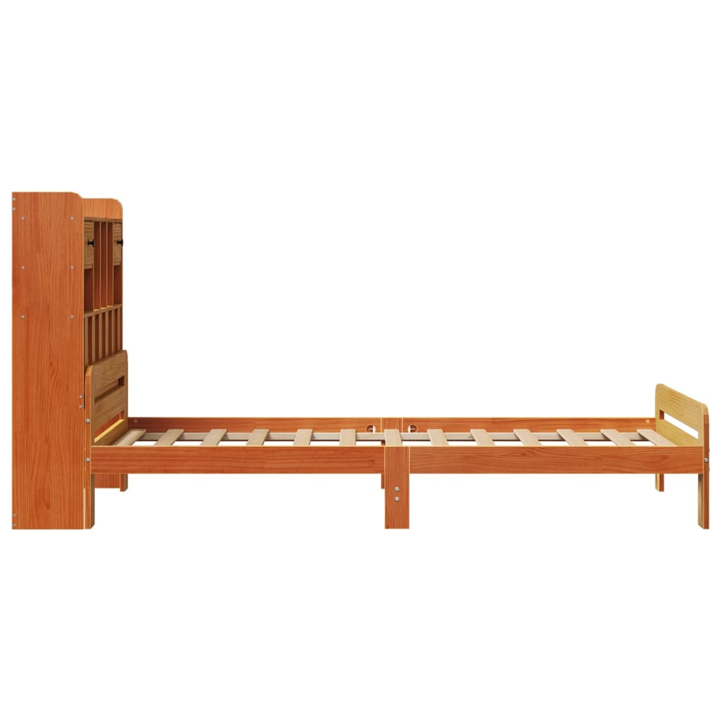 barna tömör fenyőfa könyvespolcos ágy matrac nélkül 75 x 190 cm