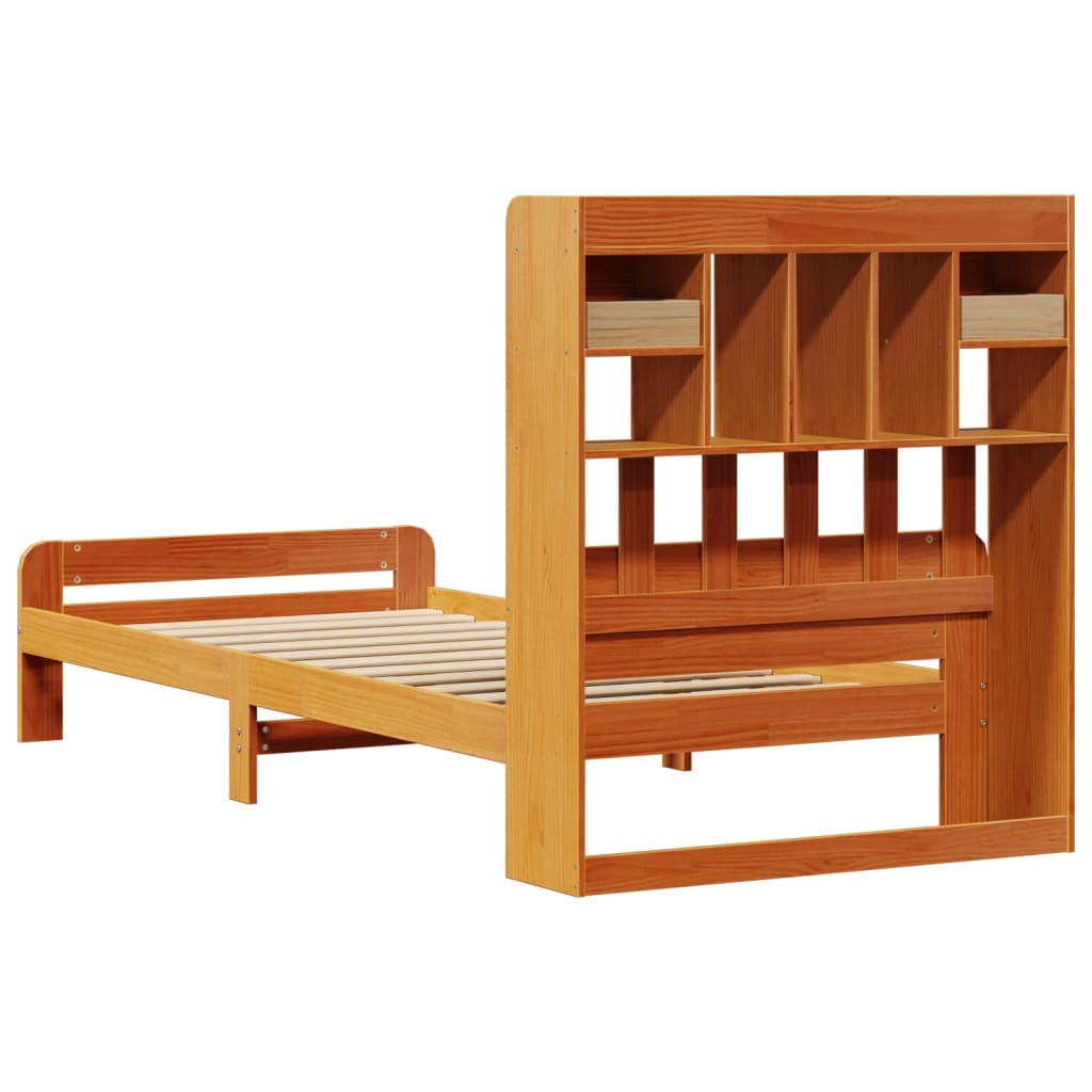 barna tömör fenyőfa könyvespolcos ágy matrac nélkül 75 x 190 cm