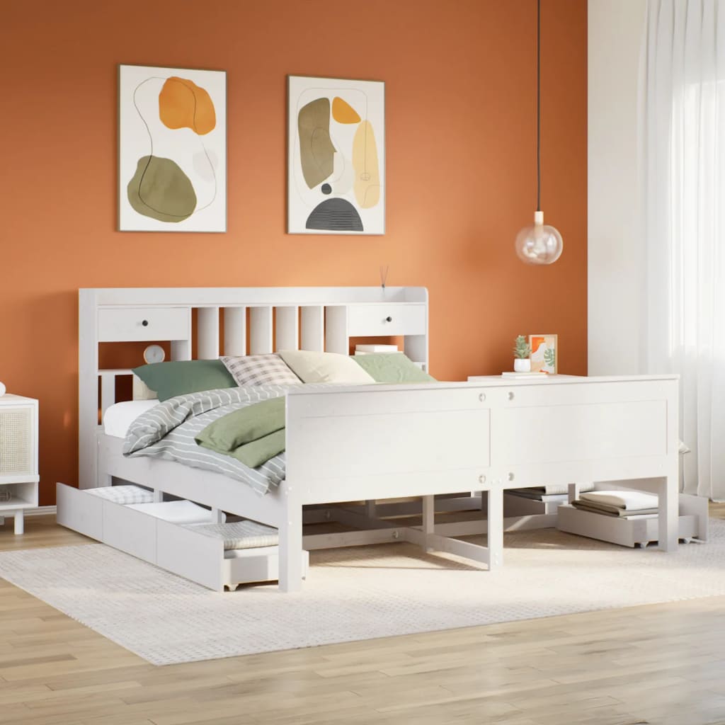 fehér tömör fenyőfa könyvespolcos ágy matrac nélkül 180x200 cm