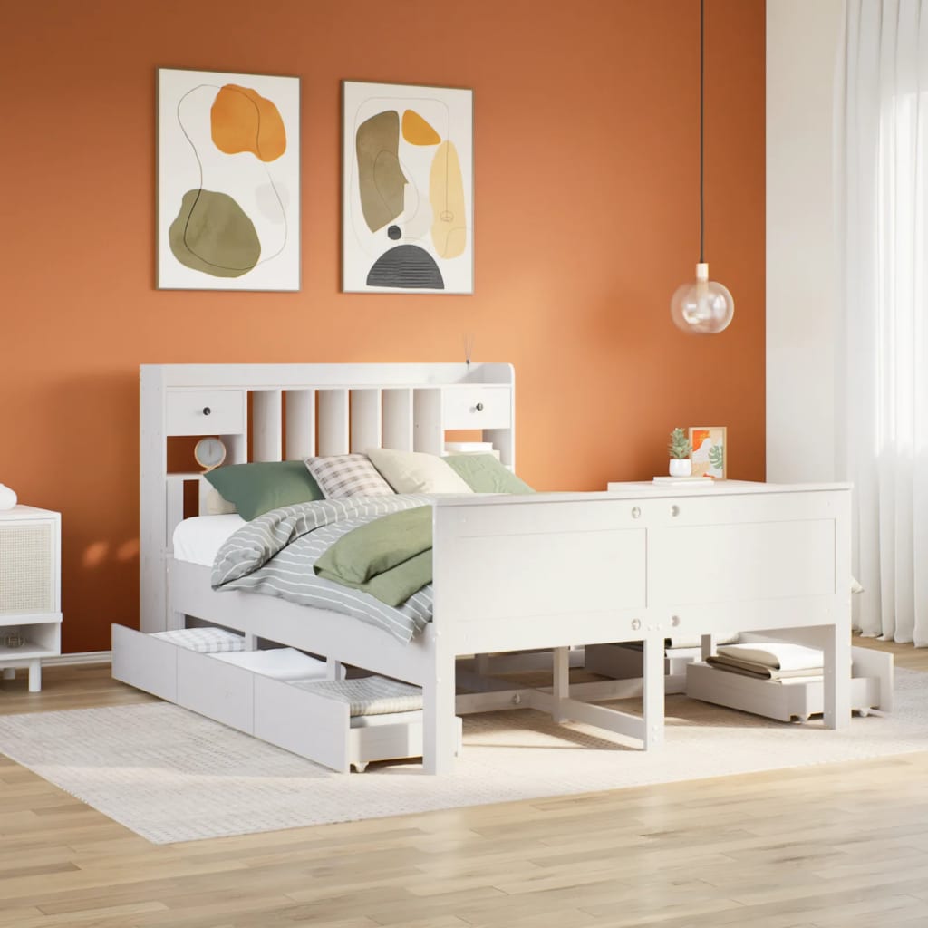 fehér tömör fenyőfa könyvespolcos ágy matrac nélkül 150x200 cm