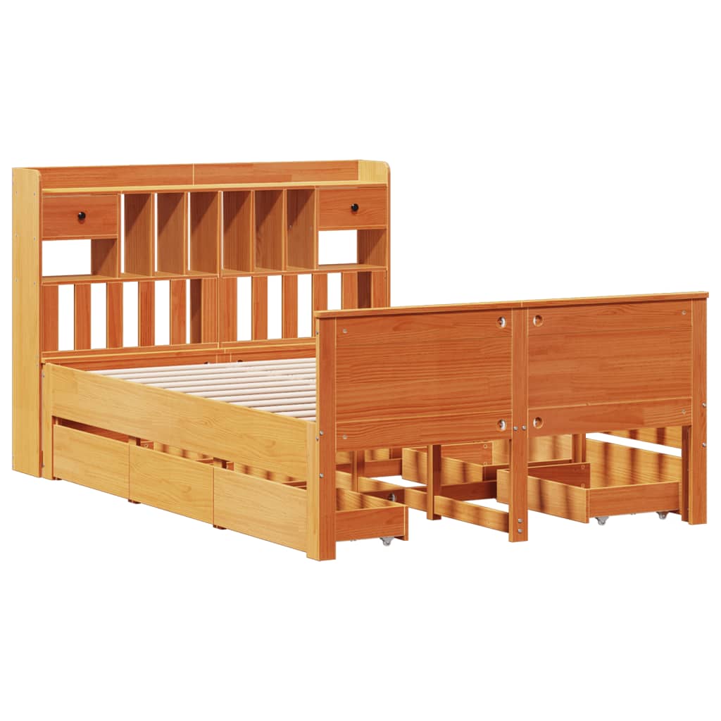 barna tömör fenyőfa könyvespolcos ágy matrac nélkül 150 x 200cm