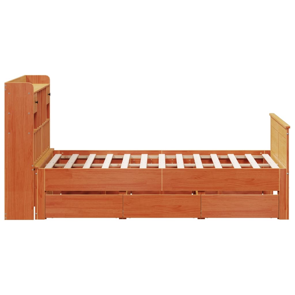 barna tömör fenyőfa könyvespolcos ágy matrac nélkül 150 x 200cm