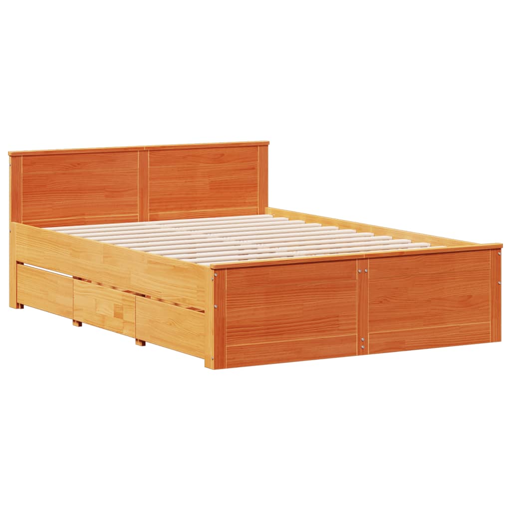 barna tömör fenyőfa könyvespolcos ágy matrac nélkül 150 x 200cm