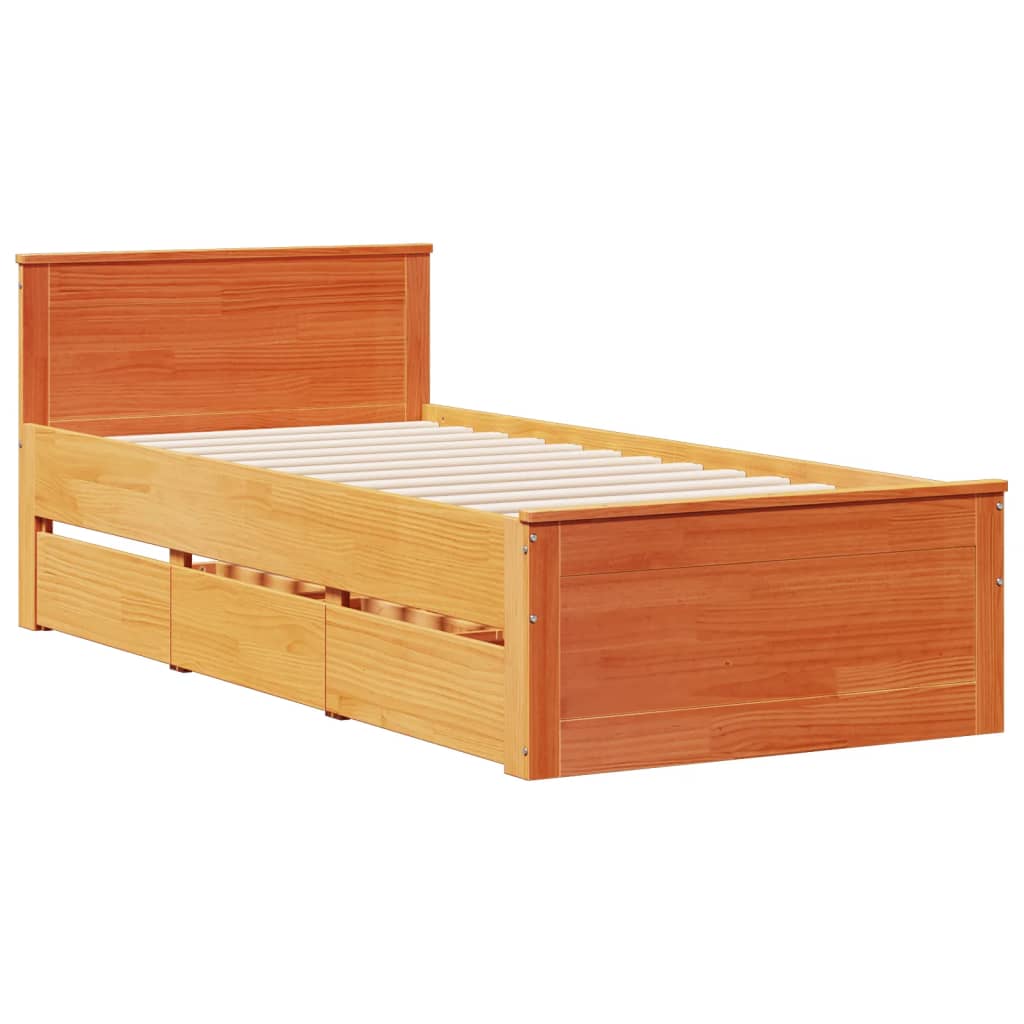 barna tömör fenyőfa könyvespolcos ágy matrac nélkül 100 x 200cm