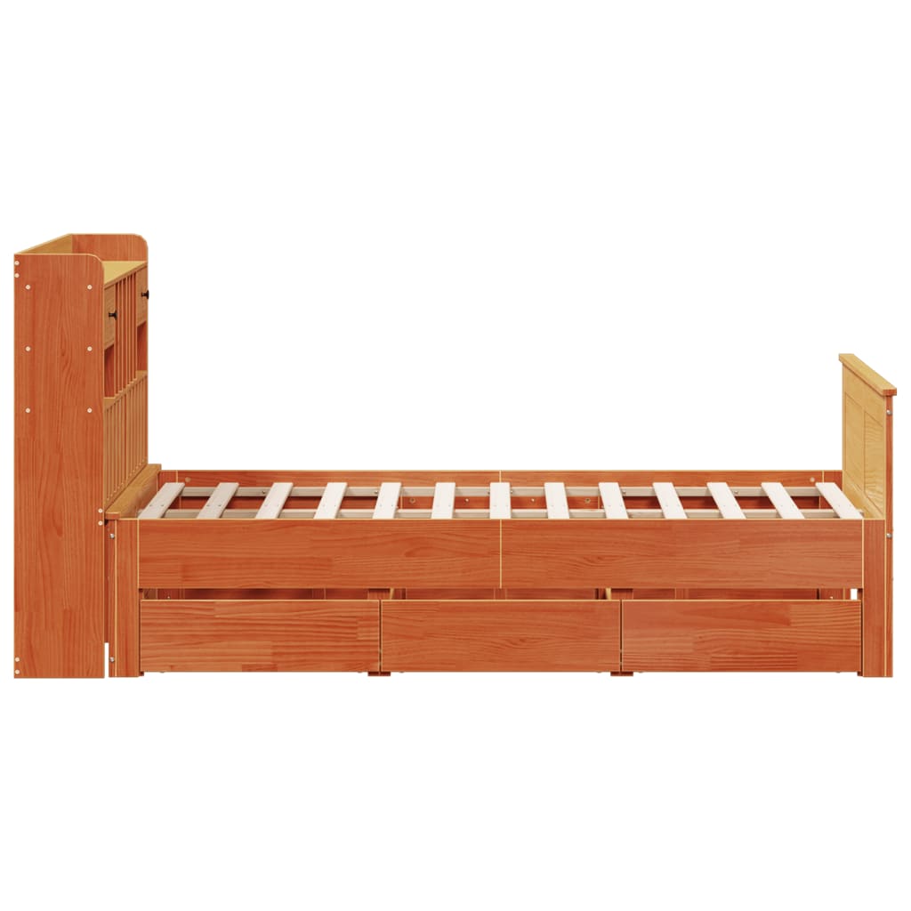 barna tömör fenyőfa könyvespolcos ágy matrac nélkül 135 x 190cm