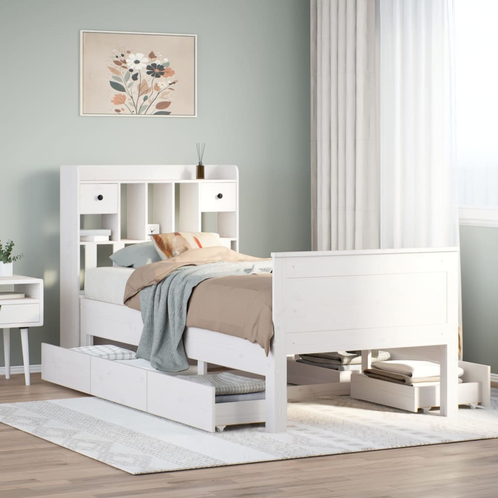fehér tömör fenyőfa könyvespolcos ágy matrac nélkül 75 x 190 cm