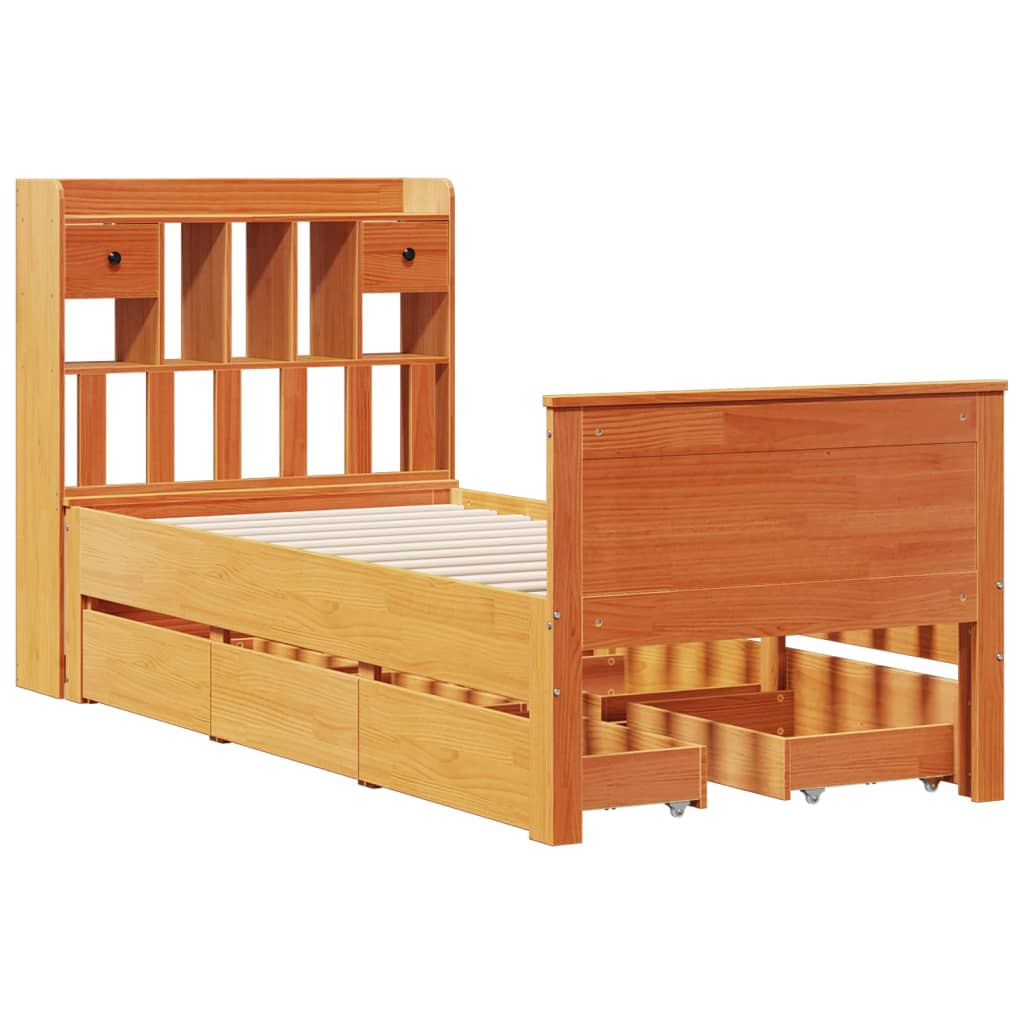 barna tömör fenyőfa könyvespolcos ágy matrac nélkül 75 x 190 cm