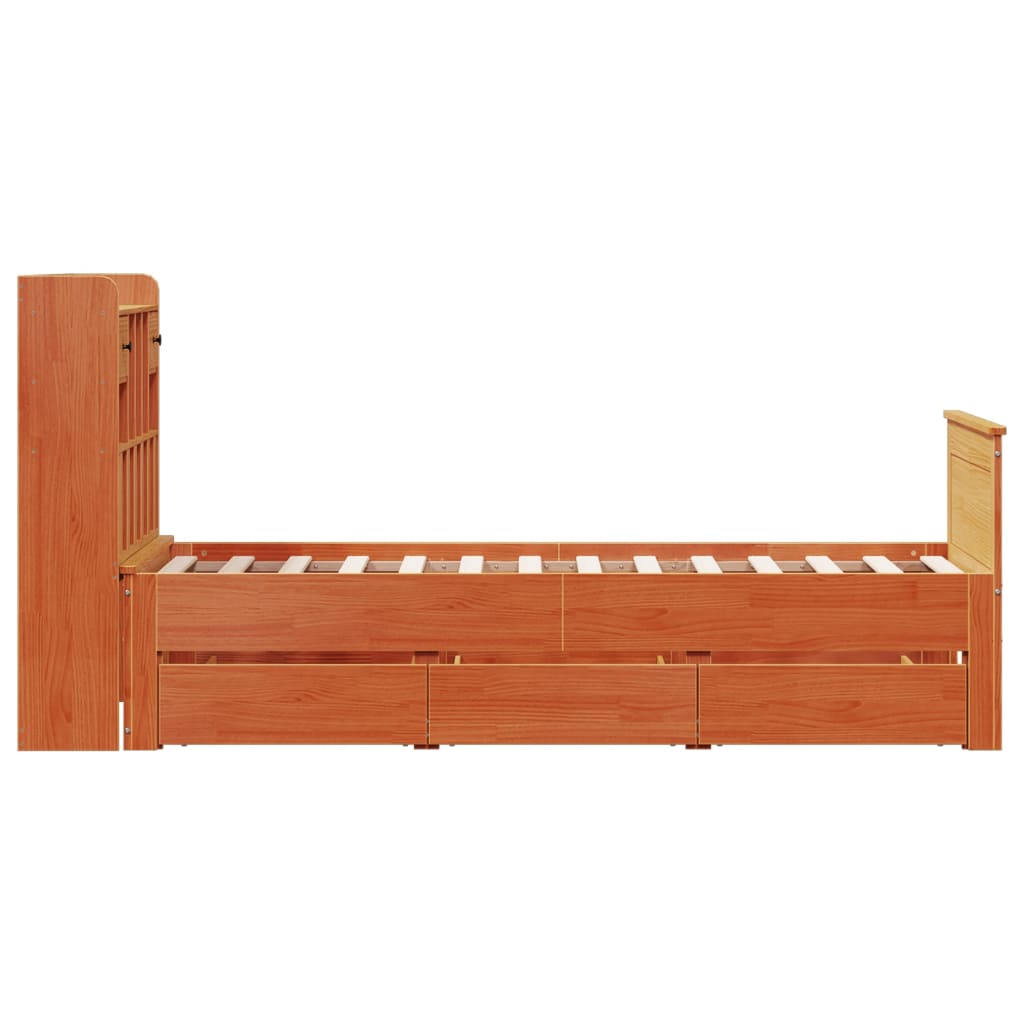barna tömör fenyőfa könyvespolcos ágy matrac nélkül 75 x 190 cm