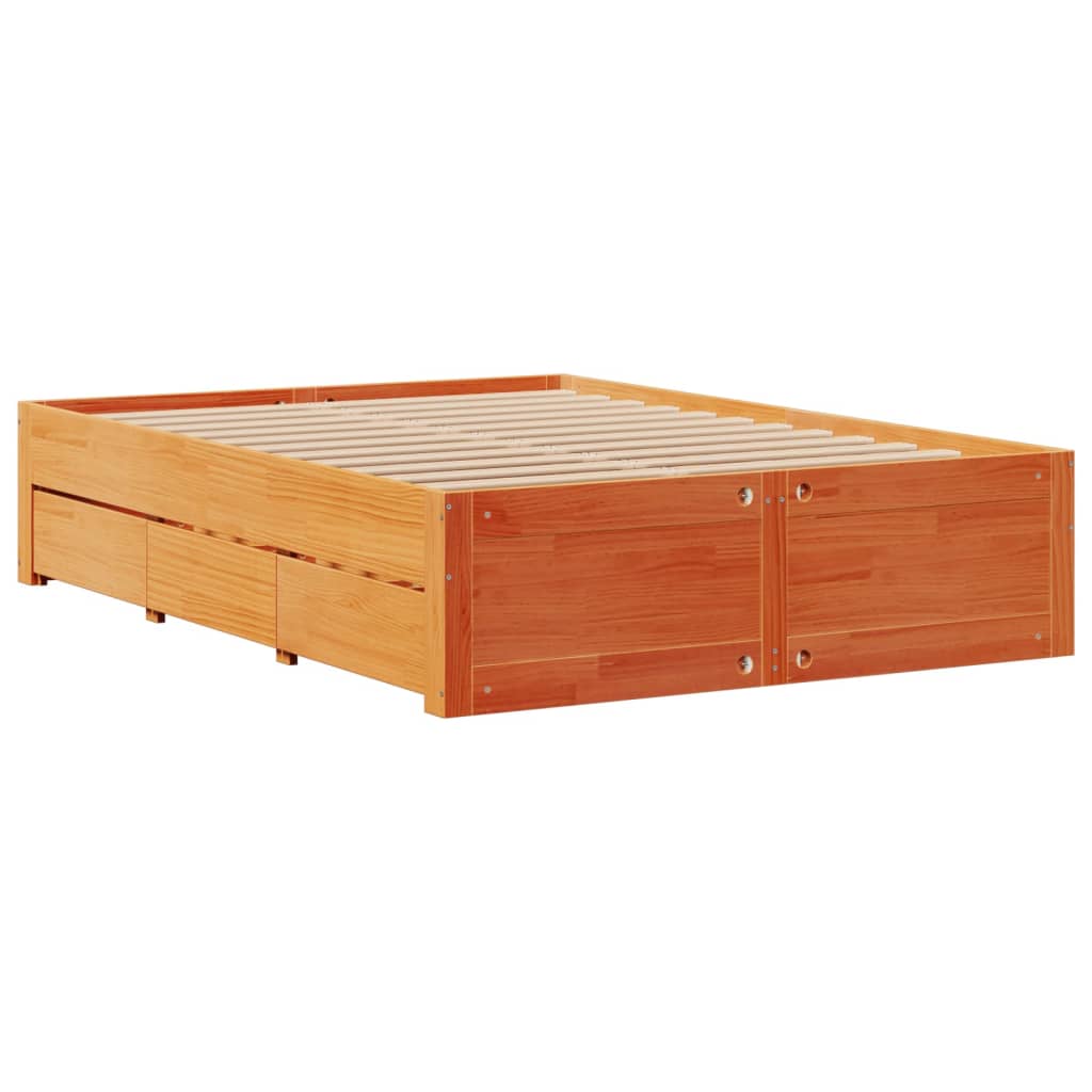 barna tömör fenyőfa könyvespolcos ágy matrac nélkül 150 x 200cm