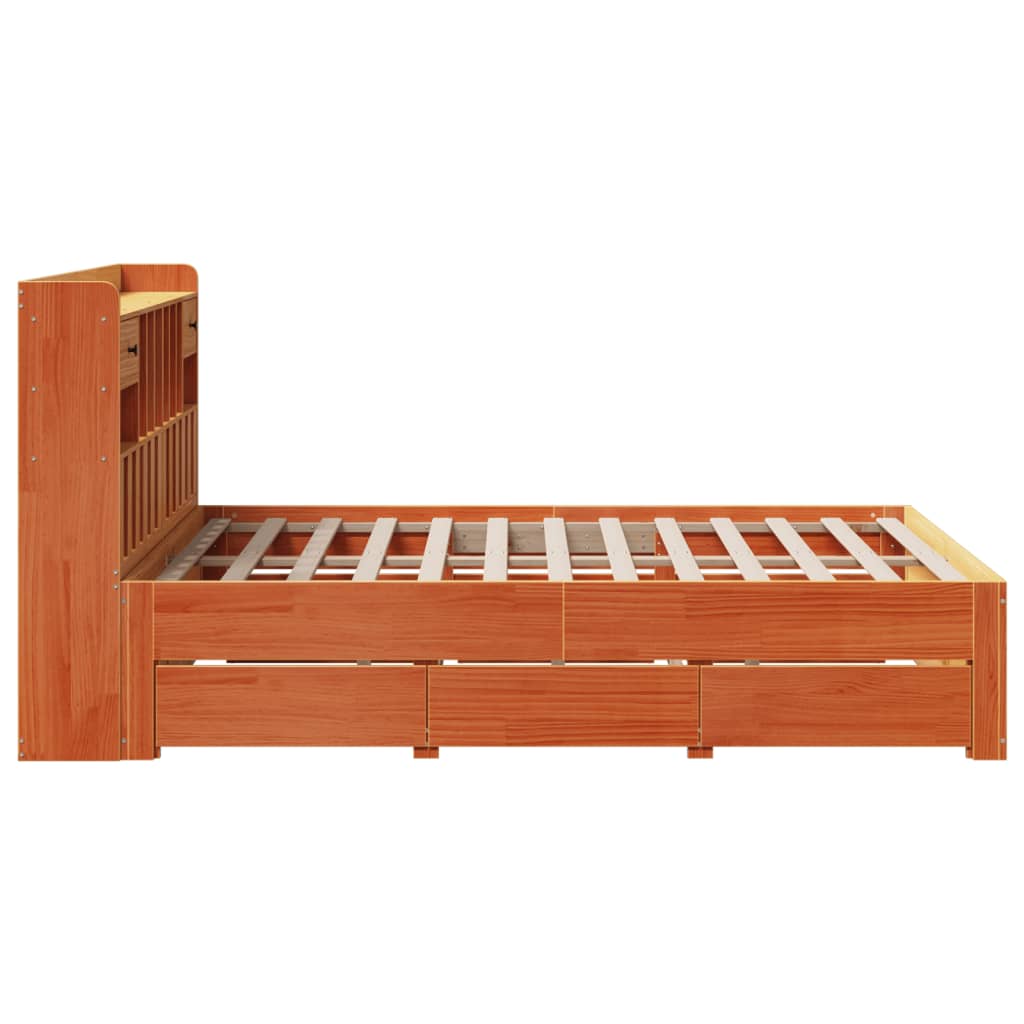 barna tömör fenyőfa könyvespolcos ágy matrac nélkül 150 x 200cm