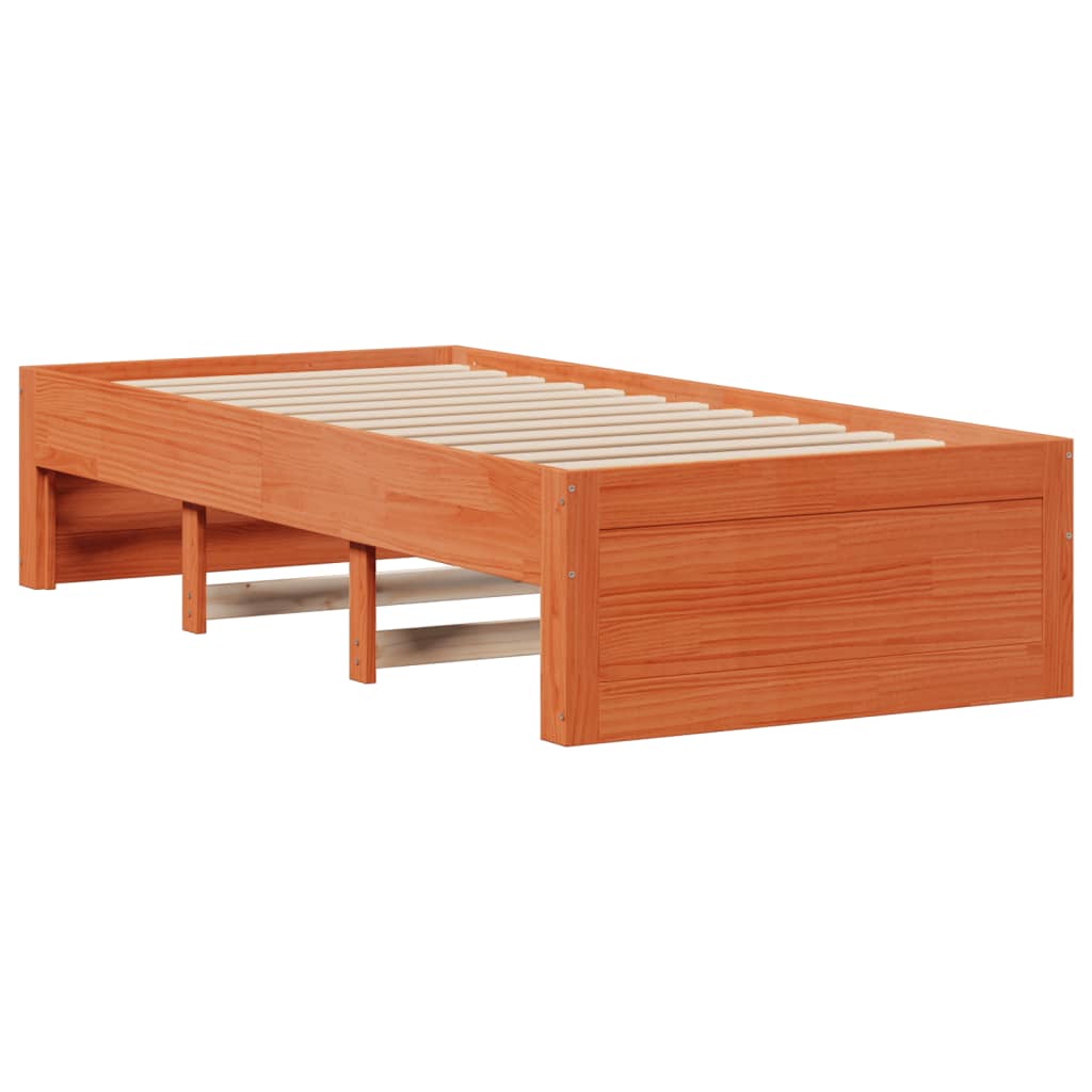 barna tömör fenyőfa könyvespolcos ágy matrac nélkül 100 x 200cm