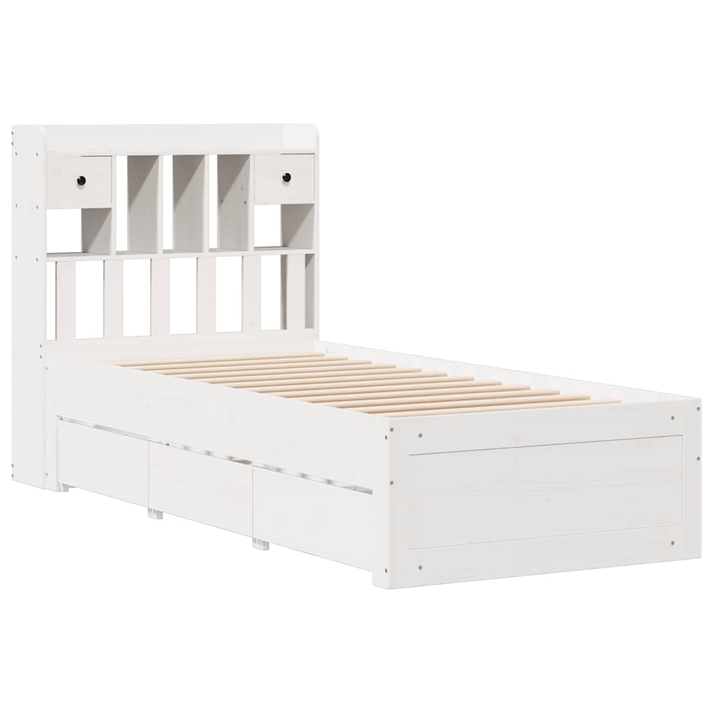 fehér tömör fenyőfa könyvespolcos ágy matrac nélkül 90 x 200 cm
