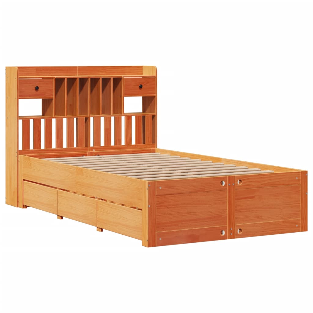 barna tömör fenyőfa könyvespolcos ágy matrac nélkül 135 x 190cm