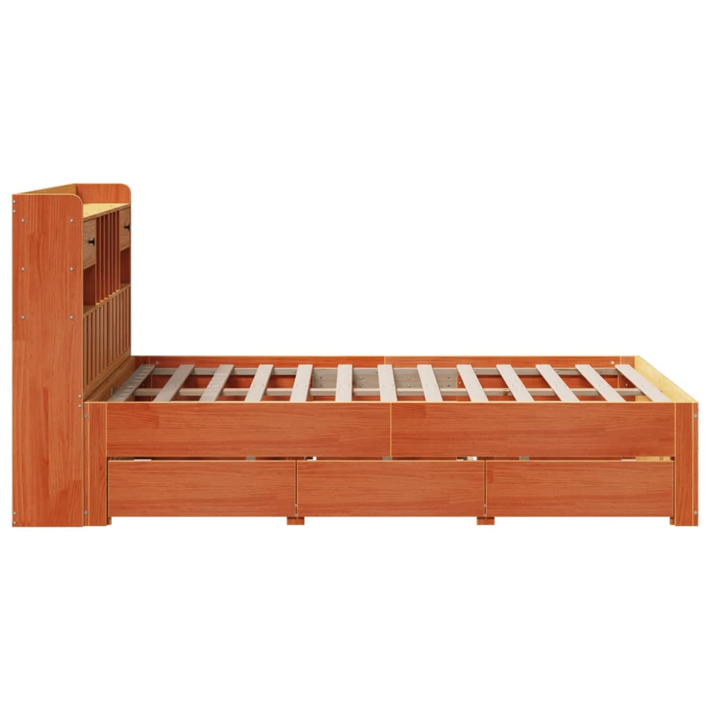 barna tömör fenyőfa könyvespolcos ágy matrac nélkül 135 x 190cm