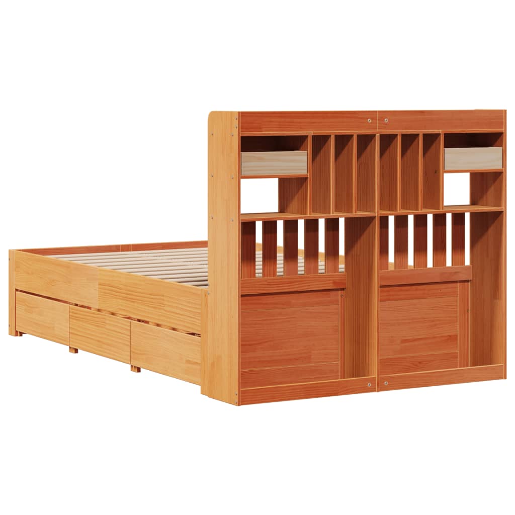 barna tömör fenyőfa könyvespolcos ágy matrac nélkül 135 x 190cm