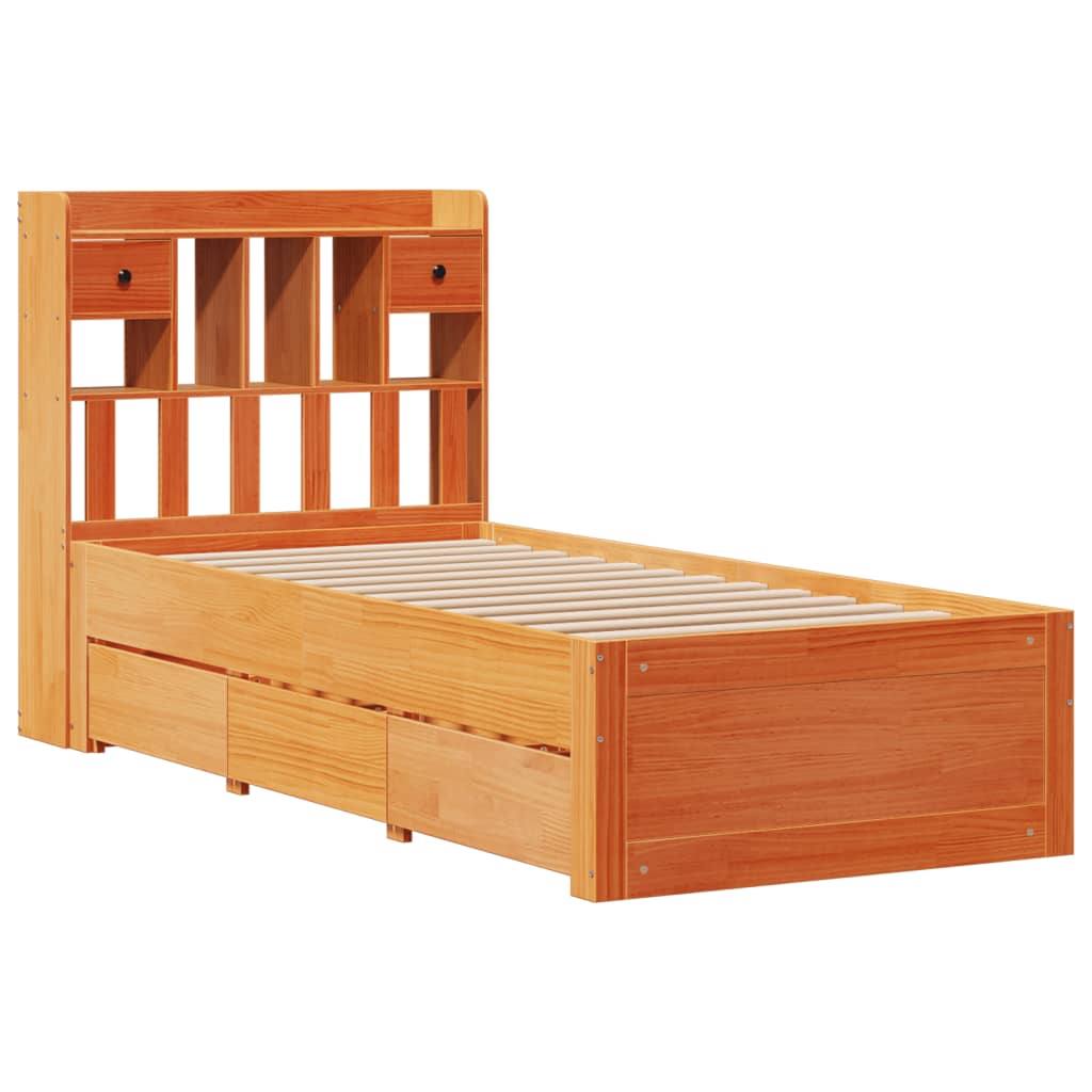barna tömör fenyőfa könyvespolcos ágy matrac nélkül 75 x 190 cm
