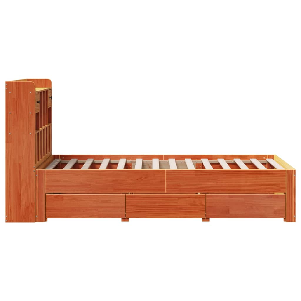 barna tömör fenyőfa könyvespolcos ágy matrac nélkül 75 x 190 cm