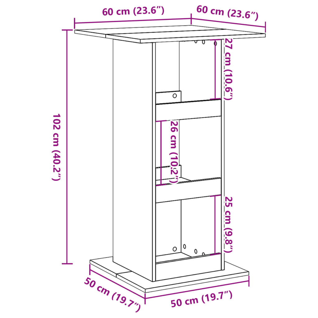 betonszürke szerelt fa bárasztal tárolóval 60 x 60 x 102 cm