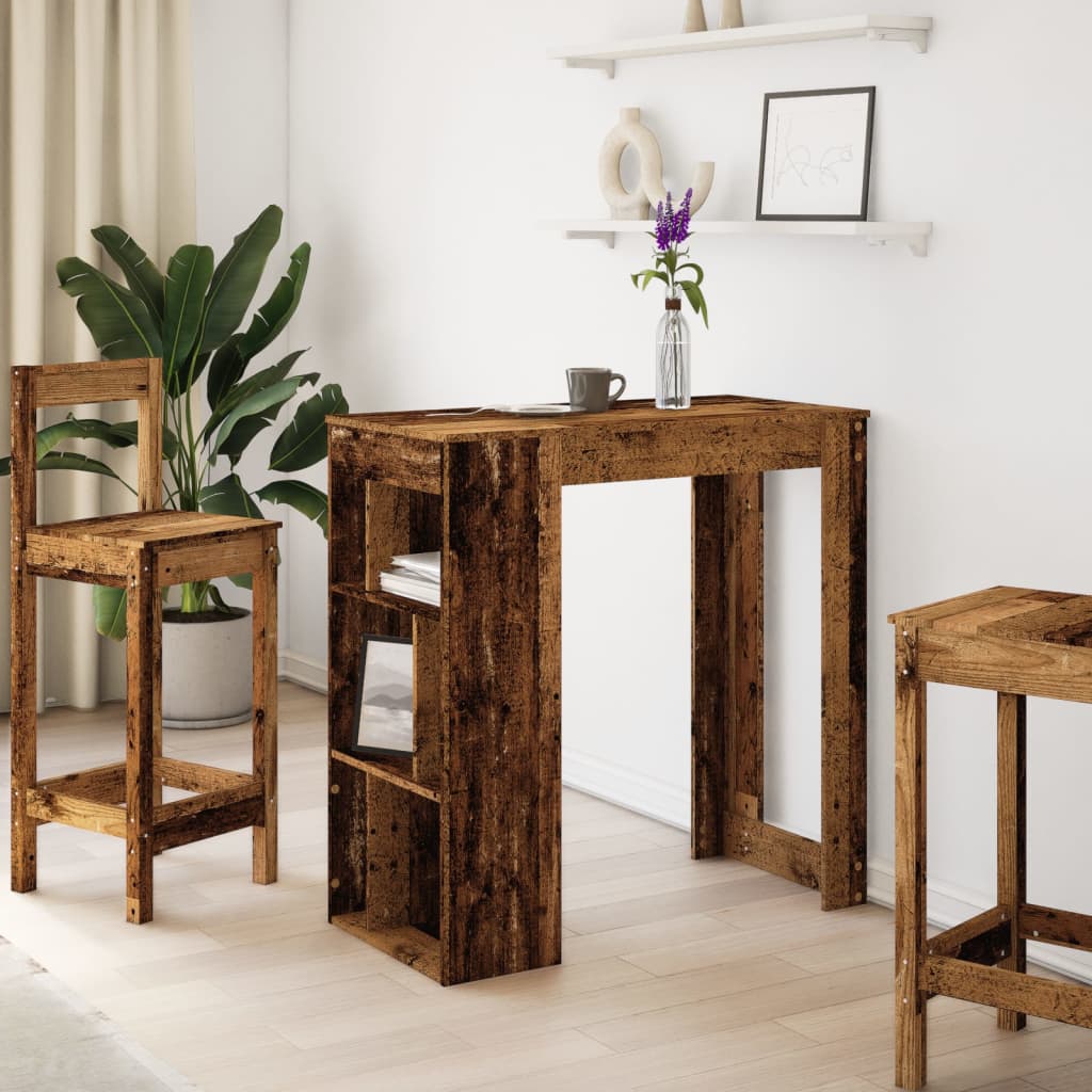antik fa színű szerelt fa bárasztal tárolókkal 102x50x103,5 cm