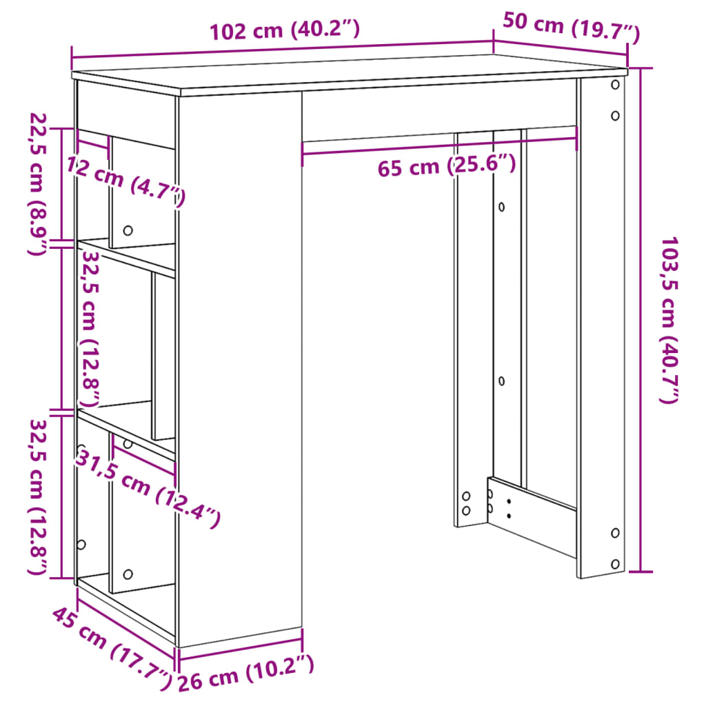 antik fa színű szerelt fa bárasztal tárolókkal 102x50x103,5 cm
