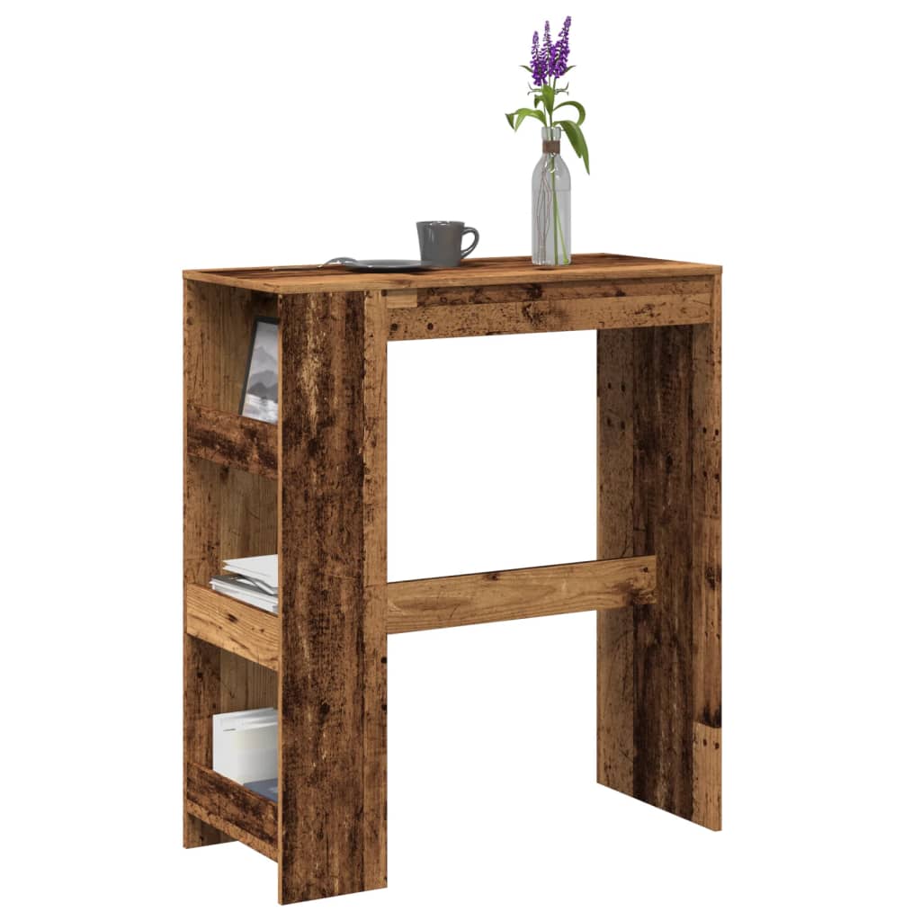 antik fa színű szerelt fa bárasztal tárolókkal 90x40x103,5 cm