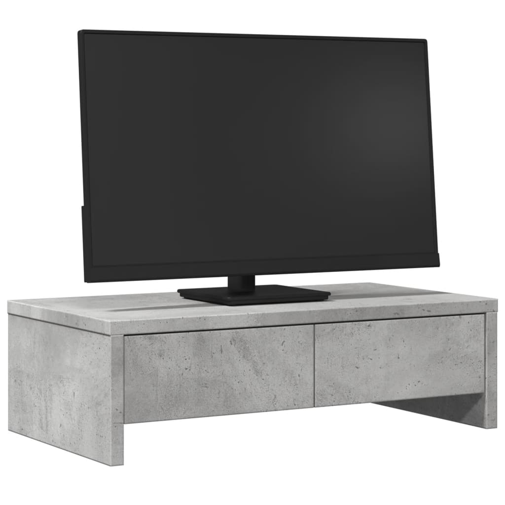 betonszürke szerelt fa monitorállvány fiókokkal 50 x 27 x 15 cm