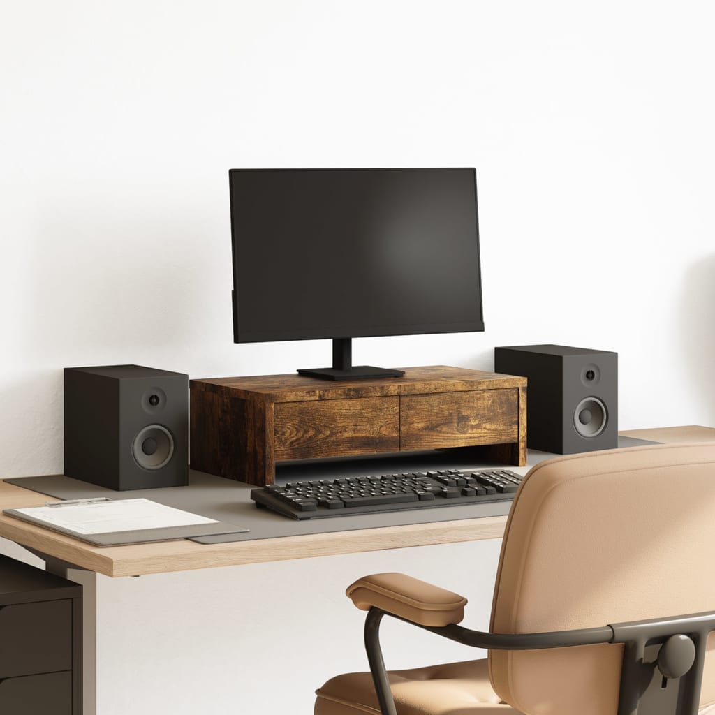 füstös tölgy szerelt fa monitorállvány fiókokkal 50x27x15 cm