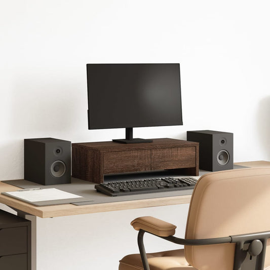 barna tölgy szerelt fa monitorállvány fiókokkal 50 x 27 x 15 cm