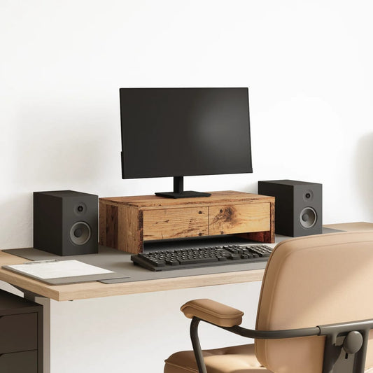 antik fa színű szerelt fa monitorállvány fiókokkal 50x27x15 cm