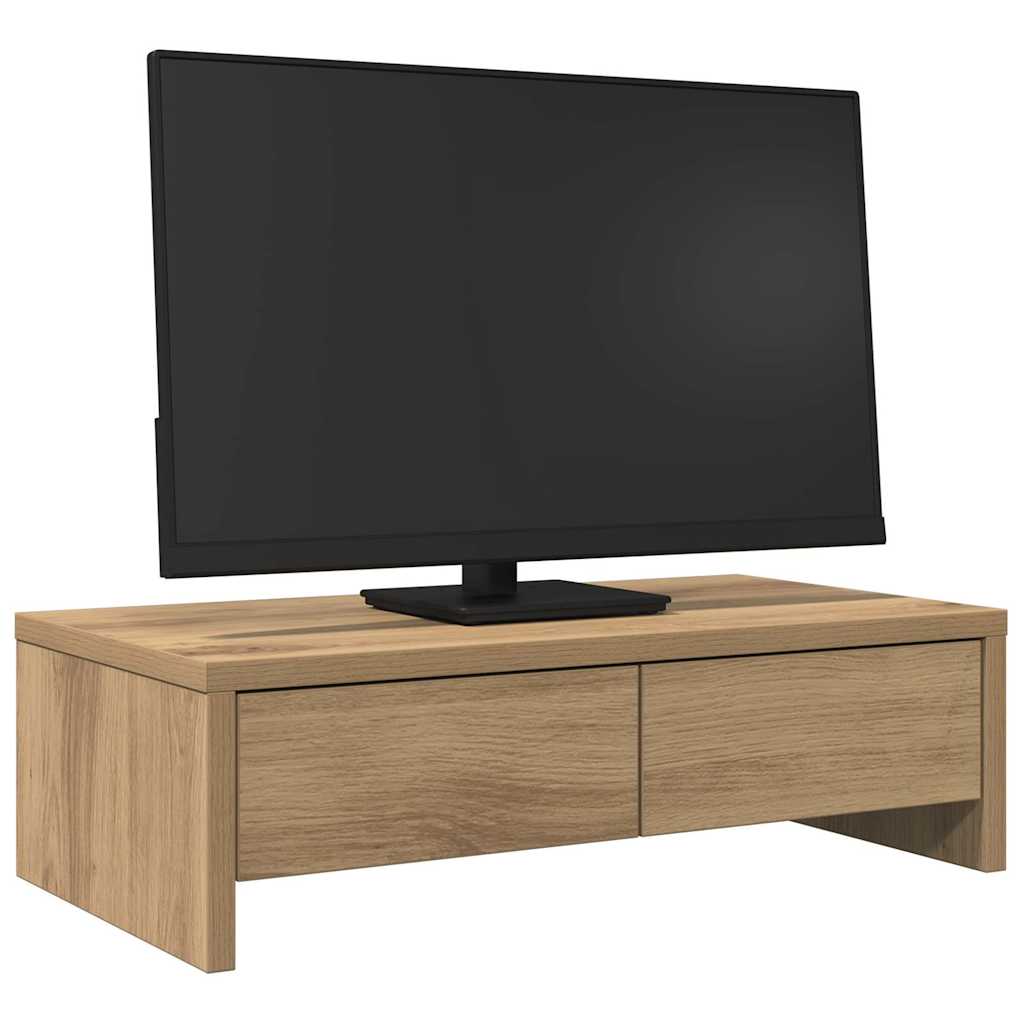 kézműves tölgy szerelt fa monitorállvány fiókokkal 50x27x15 cm