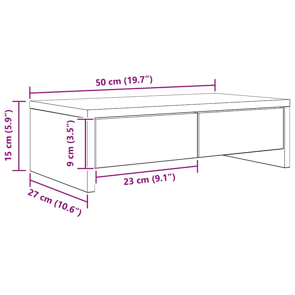 kézműves tölgy szerelt fa monitorállvány fiókokkal 50x27x15 cm